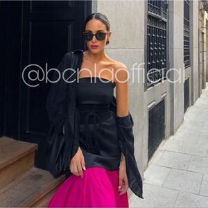 ZARA PRINCESS DIANA INSPIRED RHINESTONE FLARED HEM LONG CONTRAST DRESS BLACK FUC